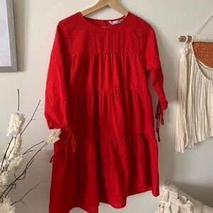 Red Tiered Babydoll Dress ,Textured Cotton ,Tie Sleeve Detail